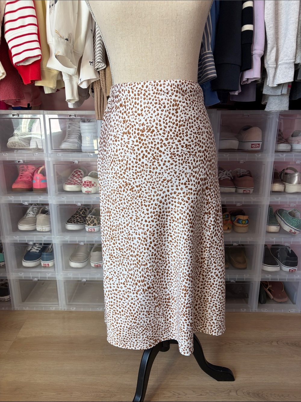 J. Crew Cream Midi Skirt with Brown Leopard Spots
